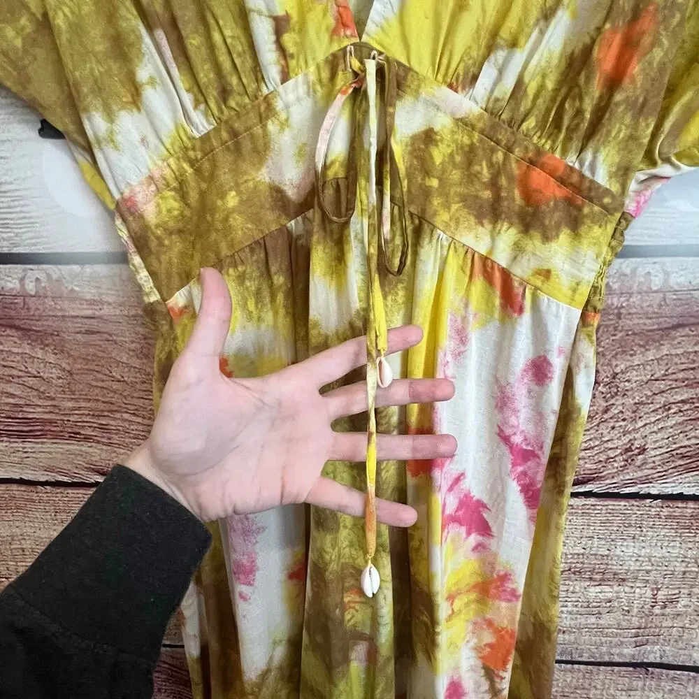 Tie Dye Tiered Maxi Dress 100% Crafted Indian Cotton Short Sleeve Boho Sundress